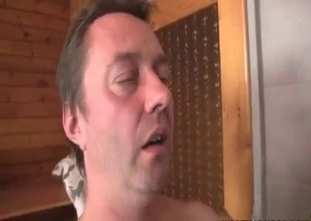 Short-haired blonde MILF masturbating while her hubby fucks their kid